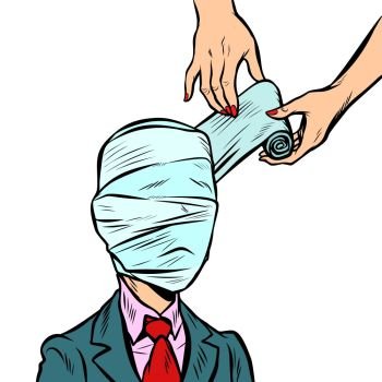 fully bandaged head, medical trauma. Comic book cartoon pop art retro illustration vector. fully bandaged head, medical trauma