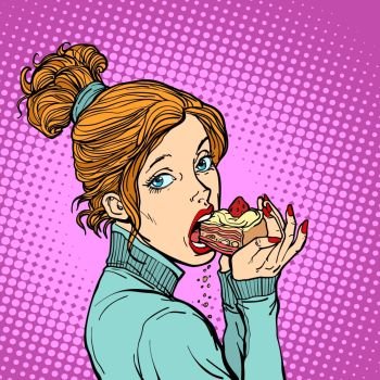 Woman eating a piece of cake. Diet and sweet. Comic book cartoon pop art retro vector illustration. Woman eating a piece of cake