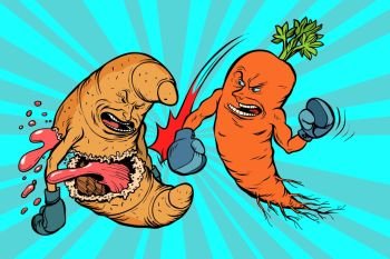 carrots beats a croissant. vegetarianism vs fast food. Comic book cartoon pop art retro vector illustration. carrots beats a croissant, vegetarianism vs fast food
