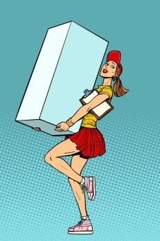 Funny woman courier shipping box, delivery service. Comic book cartoon pop art retro vector illustration. Funny woman courier shipping box, delivery service