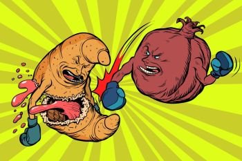 pomegranate fruit beats a croissant, vegetarianism vs fast food. Comic book cartoon pop art retro vector illustration. pomegranate fruit beats a croissant, vegetarianism vs fast food