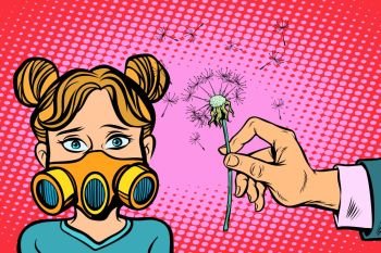 Allergy to dandelion flowers. Allergy to dandelion flowers. Comic book cartoon pop art retro illustration. Allergy to dandelion flowers