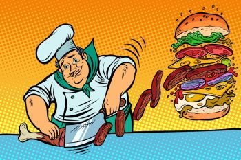 Cook prepares Burger. Fast food restaurant. Cook prepares Burger. Fast food restaurant. Comic cartoon pop art retro illustration vector drawing. Cook prepares Burger. Fast food restaurant