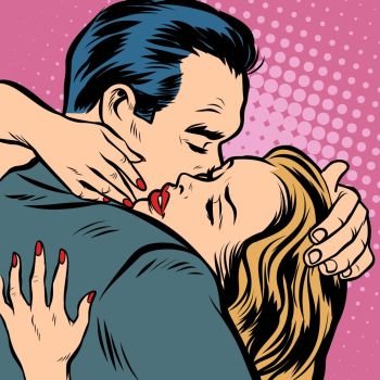Man and woman hugs, love and romance. Man and woman hugs, love and romance. Comic cartoon pop art retro vector illustration drawing. Man and woman hugs, love and romance