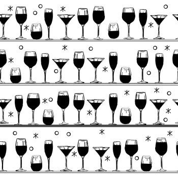 Black and white sketch of cocktail glasses on shelf, seamless pattern