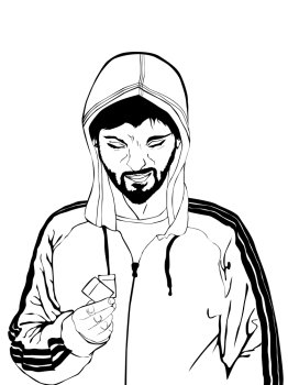Comic style drawing of a drug dealer in black and white