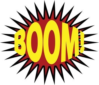 Comics cloud with Boom word. Lettering Boom, bomb. Comic text sound effects. Vector bubble icon speech phrase, cartoon exclusive font label tag expression, sounds illustration. Comics book balloon.
