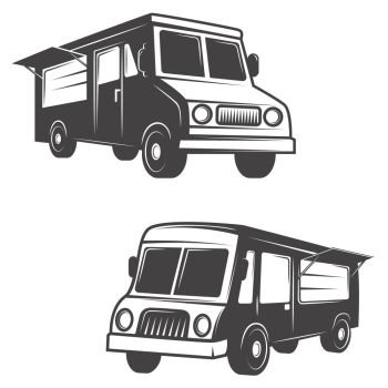 Set of food trucks isolated on white background. Design elements for logo, label, emblem, sign, brand mark. Vector illustration.