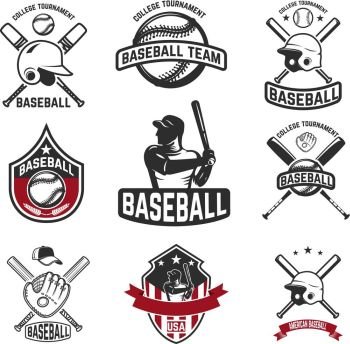 Set of baseball emblems. Baseball bats, helmets, gloves. Design elements for logo, label, sign. Vector illustration