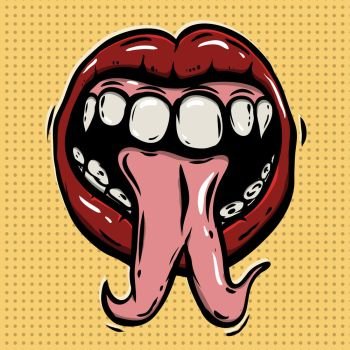 Vampire mouth on pop art style background. Halloween theme. Vector illustration 