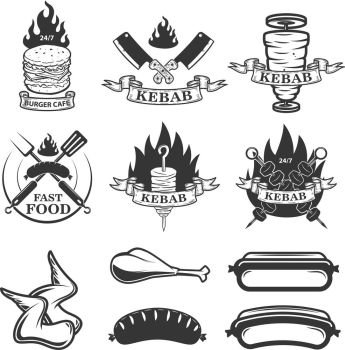 Set of fast food emblems and design elements. Doner kebab. Design elements for logo, label, emblem, sign. Vector illustration