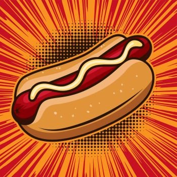 Hot dog illustration in comic style. Design element for poster, emblem, banner. Vector illustration