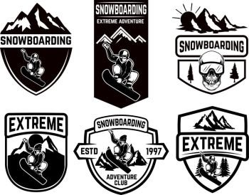Set of snowboarding club emblems. Design element for logo, label, emblem, sign. Vector illustration