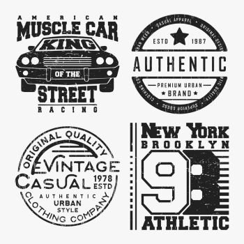 T-shirt print design. T-shirt print design. Set of various vintage t shirt stamp. Printing and badge applique label t-shirts, jeans, casual wear. Vector illustration.