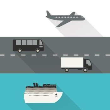 International shipping and delivery. Shipping and delivery vehicles, trucks, plane and ship. Icons in a flat design.