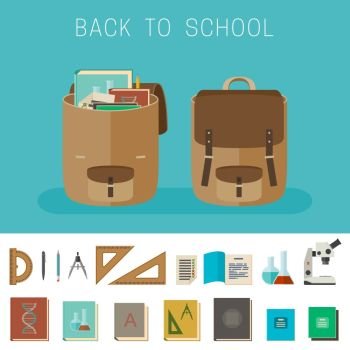 School equipment and backpacks. Back to school banner with flat icons of school equipment.