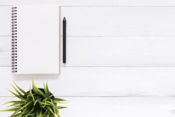 Minimal work space - Creative flat lay photo of workspace desk. White office desk wooden table background with open mock up notebooks and pens and plant. Top view with copy space, flat lay photography