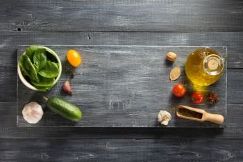 spice, herbs and food ingredients on wooden table