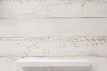shelf at white plank wooden background texture