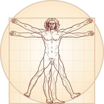 «Homo vitruviano». So-called The Vitruvian man a.k.a. Leonardo’s man. Detailed drawing on the basis of artwork by Leonardo da Vinci, executed him c. 1490 (in 1487 or 1490 or 1492) by ancient manuscript of Roman master Marcus Vitruvius Pollio.. The Vitruvian man (Homo vitruviano)