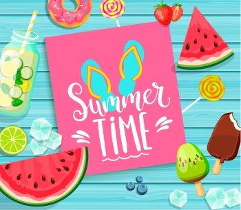 Summer time lettering on blue wooden background with slippers, watermelon, detox, ice, donut, ice cream, lime and candy. Vector Illustration.. Summer time lettering on blue wooden background.