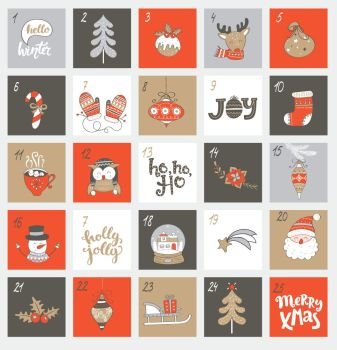 Christmas advent calendar with symbols.. Christmas advent calendar with different christmas symbols for your design. Vector illustration.