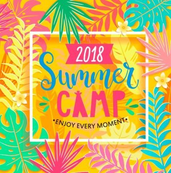 Summer camp 2018 lettering on jungle background.. Summer camp 2018 handdrawn lettering in square frame on jungle background with tropical leaves. Vector illustration.