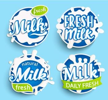 Set of different fresh milk logo.. Set of different fresh milk logo, labels, splashes and dairy spots for your design, grocery, agriculture store, packaging and advertising. Vector illustration.