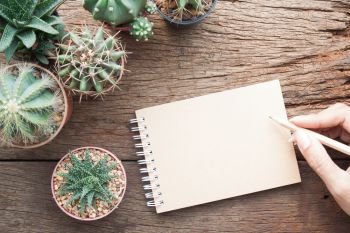 Woman hand with blank notebook on gardening desk with cactus plants