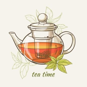 tepot with green tea leaves. Vector Illustration with glass teapot on color  background