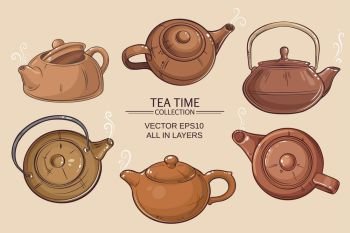 teapots set. Teapots vector set on color background