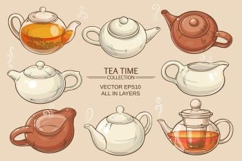 teapots set. Teapots vector set on color background