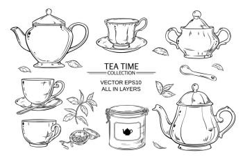 tea set on white background. Vector set  with cups,  teapot,  sugar bowl, tin packaging and tea strainer on white background