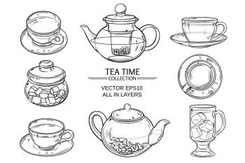 glass tea set sketch. Cup of tea, teapot and sugar bowl vector set on white background