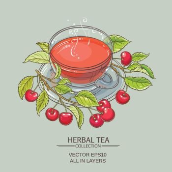 cherry tea illustration. cup of cherry tea  on color background