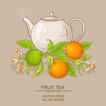 orange tea illustration.  orange tea in teapot on color background