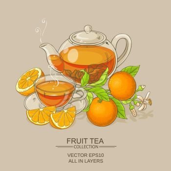 orange tea illustration. cup of orange tea and teapot on color background