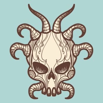 Vintage monsters skull with horns. Vintage hand drawn monsters skull with horns, vector illustration