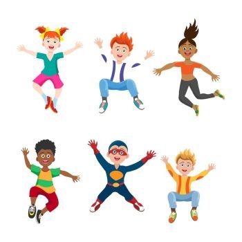 Happy jumping kids on white background. Happy jumping girls and boys isolated on white background, vector illustration