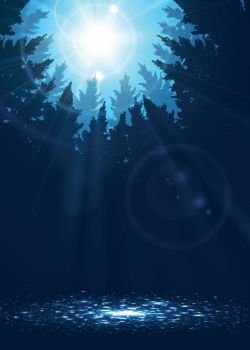 Forest background with sunbeams. Forest background with sunbeams in blue colors, vector illustration