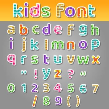 Cute kids patchwork patterns alphabet. Cute kids alphabet. Fun and colorful patchwork patterns school book letters font vector illustration
