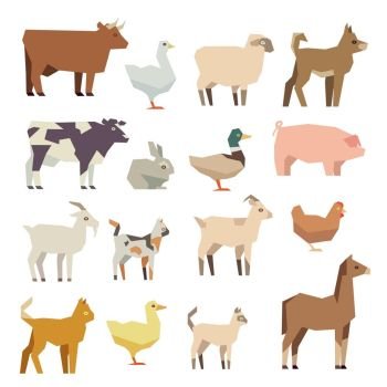 Pets and farm animals vector flat icons set. Pets and farm animals vector flat icons set. Polygonal animal hen and cattle, lamb and duck, illustration figure colored farm animal