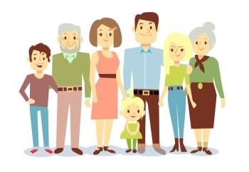 Happy family portrait, vector flat characters. Happy family portrait, vector flat characters. Grandfather and grandmother, mom and dad, kids. Big family illustration