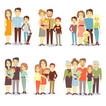 Families different types flat vector icons set. Families different types flat vector icons. Set of happy family, illustration of groups different families