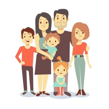 Cute cartoon family vector characters in casual clothes. Cute cartoon family mom and dad, vector characters family in casual clothes, father and mother with children. Illustration of big happy family