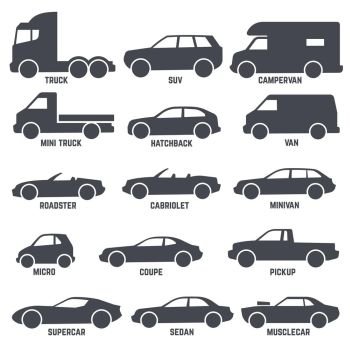 Car automobile types black vector icons isolated on white. Car automobile types black vector icons isolated on white background. Hatchback and roadster, cabriolet and minivan illustration