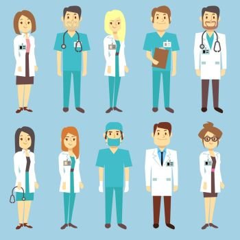 Doctors nurses medical staff people vector characters in flat style. Doctors nurses medical staff people vector characters in flat style. Practitioner and surgeon in uniform, occupation professional physician illustration
