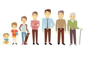 Men generation at different ages from infant baby to senior old man vector illustration. Men generation at different ages from infant baby to senior old man vector illustration. Teenager and young man, process aging
