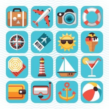 Summer beach travel vacation and tourism. Summer beach travel vacation and tourism, summer time flat icons set. Vector illustration