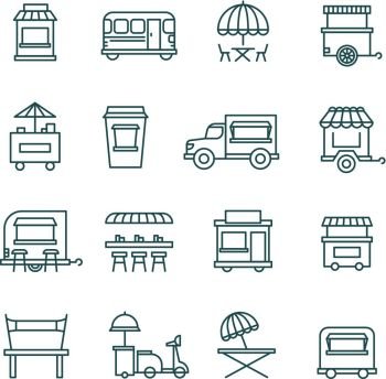 Street food retail, truck line vector icons. Street food retail, food truck line vector icons. Facade mobile cafe and restaurant illustration